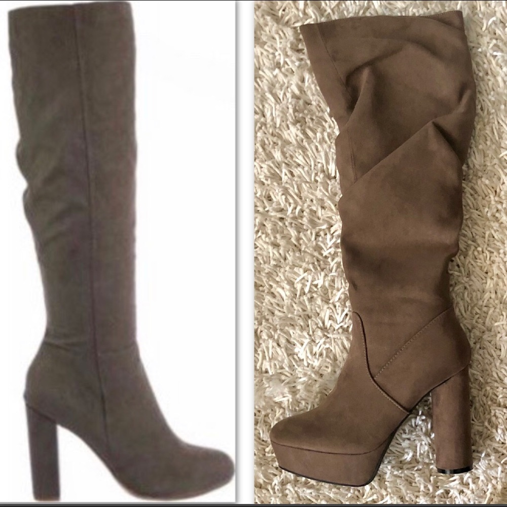 TAUPE SUEDE KNEE HIGH FUR BOOT - Picture 2 of 6